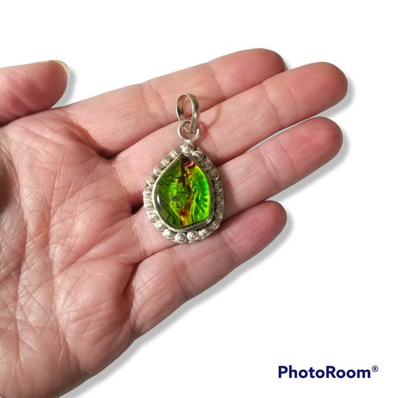 Green Art Glass Stone Pendant Teardrop In Sterling Silver - Picture 2 of 5